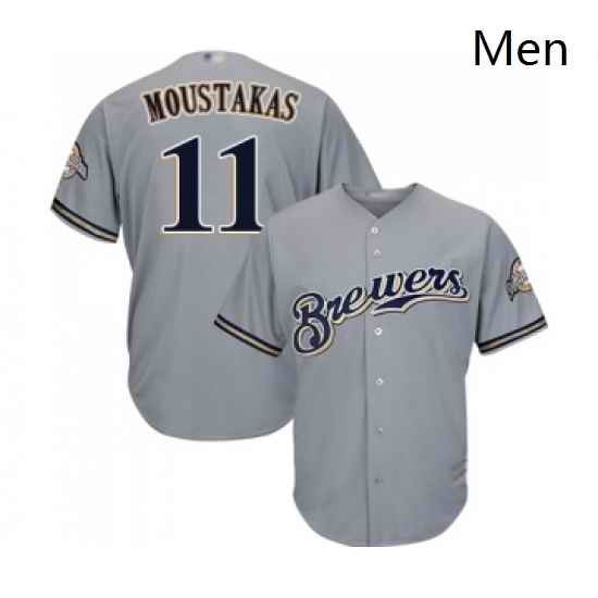 Mens Milwaukee Brewers 11 Mike Moustakas Replica Grey Road Cool Base Baseball Jersey